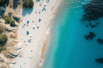 Fototapeta na wymiar A beautiful aerial view of a bright azure beach with a minimal natural background. Generative AI