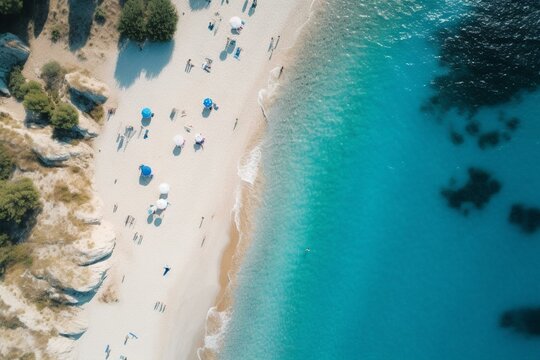 A beautiful aerial view of a bright azure beach with a minimal natural background. Generative AI