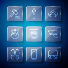 Set line Footsteps, Police assault shield, Safety goggle glasses, cap with cockade, Telephone call 112, badge, Judge gavel and Security camera icon. Vector