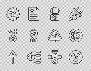Fototapeta premium Set line High voltage sign, Radioactive, warning lamp, Nuclear bomb, Industry pipe and valve and Atom icon. Vector