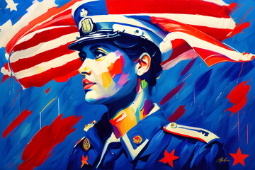 Female soldier in marine military parade unform and cap with US american flag for Fourth of july Generated Ai - obrazy, fototapety, plakaty