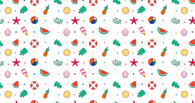 Colorful summer seamless pattern with tropical fruits, ice cream, lifebuoy, and a beach ball.