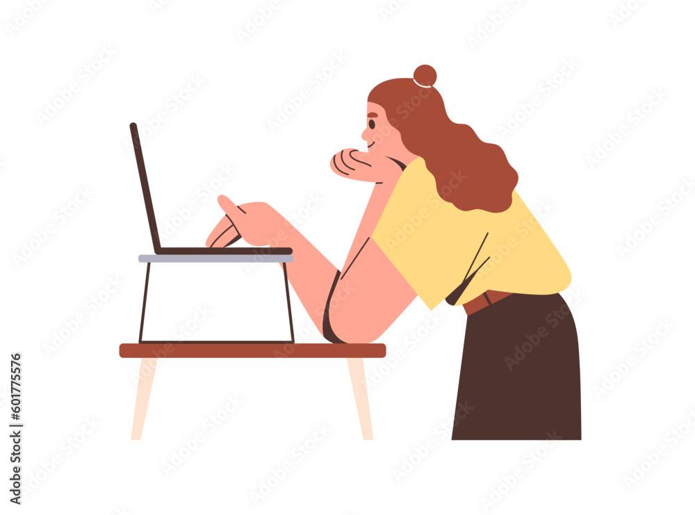 Poster woman works at desk with laptop stand. girl working, studying at notebook computer. female employee 