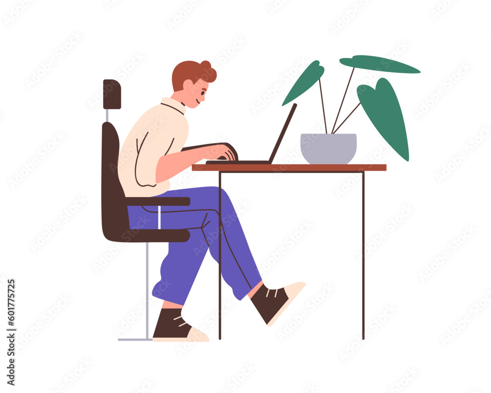 Aufkleber person works at laptop computer at desk. happy man sitting in chair at office table, working at note