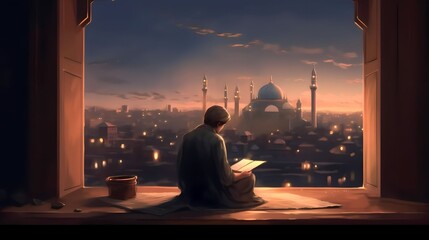 Muslim man sitting and holding Quran with view of mosque, eid ul adha mubarak day background illustration,  Generative AI - obrazy, fototapety, plakaty