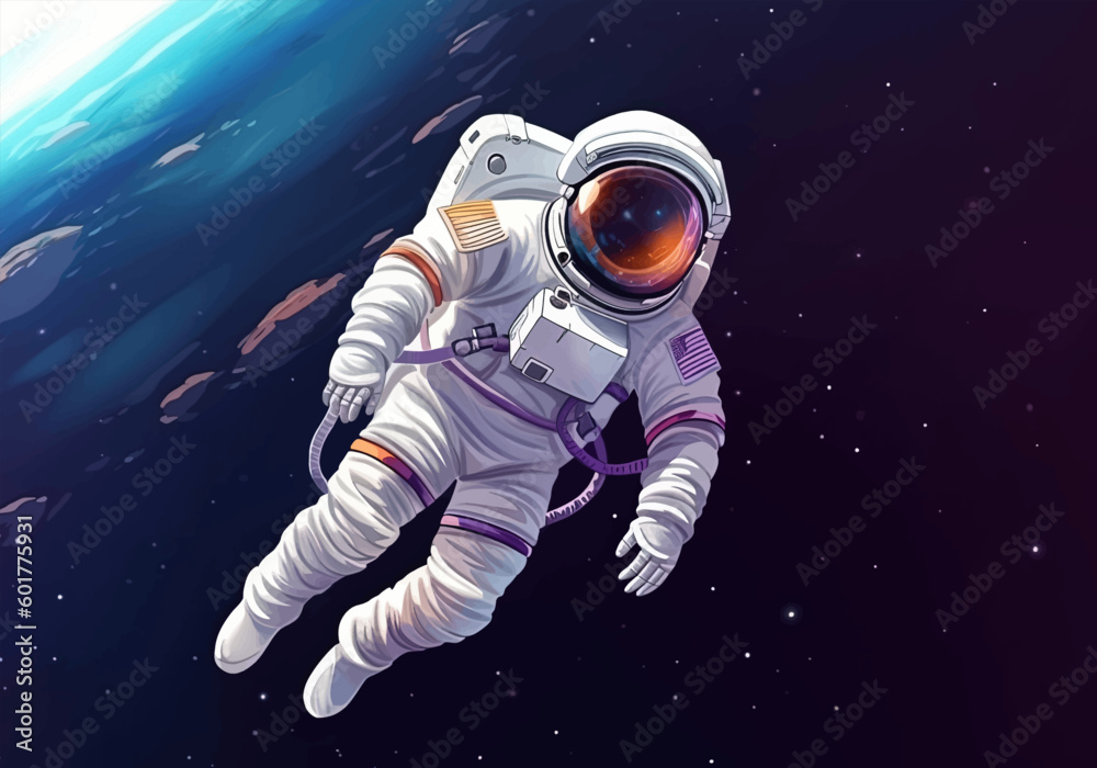 Wall mural astronaut in a space suit is flying in space next to planets and stars. vector illustration eps 10