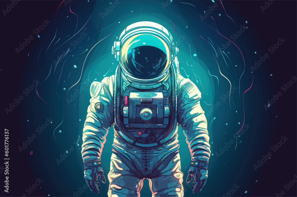 Wall mural astronaut in a space suit is flying in space next to planets and stars. vector illustration eps 10