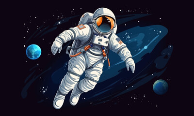 Astronaut in a space suit is flying in space next to planets and stars. Vector illustration EPS 10 © Vladyslav Tykhonov