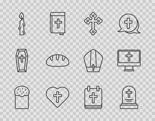 Set line Easter cake, Grave with tombstone, Christian cross, in heart, Burning candle, bread, Calendar and monitor icon. Vector