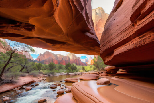 View of the Watchman mountain and the virgin river in Zion National Park located in the Southwestern United States, near Springdale, Utah, Arizona. Generative AI