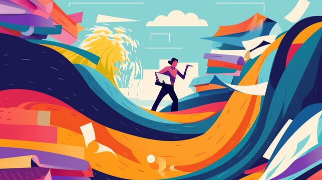 Stylized figure surfing a wave of documents, symbolizing workflow in a busy office environment. generative ai