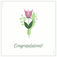 Flat minimalist greeting card. Cute vector postcard with floral design. A postcard with the lovely bouquet and inscription Congratulations on a white background.