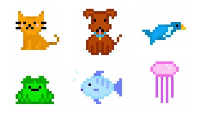 set of cute pixel animal animation on white screen