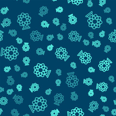 Green line Ferris wheel icon isolated seamless pattern on blue background. Amusement park. Childrens entertainment playground, recreation park. Vector