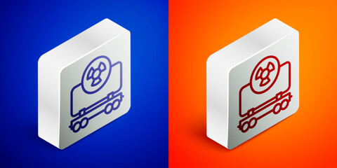 Isometric line Radioactive cargo train wagon icon isolated on blue and orange background. Freight car. Railroad transportation. Silver square button. Vector