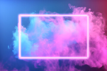 Abstract minimal concept. Pastel illuminated pink and blue soft clouds sky background with neon glowing rectangular frame. Mock up template for product presentation with copy text space.
