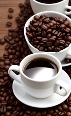 Taza de café expreso junto con taza llena de granos de café. Generado por IA