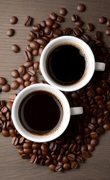 Dos tazas de café expreso rodeadas de granos de café. Generado por IA