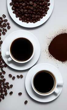 Dos tazas blancas de café oscuro rodeadas de granos de café. Generado por IA