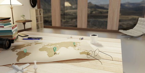 travel map for travelers around the world Travel planning World map Design elements for adventures around the world 3d illustration