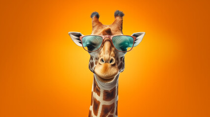 Funny giraffe in sunglasses in trendy style on yellow background. Portrait summer. Pet care, generated AI Generative AI