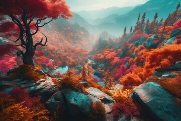 Stunning digital fantasy art of colorful mountainous forest. Perfect for backdrops, wallpaper and art projects. Generative AI