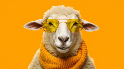 Funny sheep in sunglasses in trendy style on yellow background. Portrait summer. Pet care, generated AI Generative AI