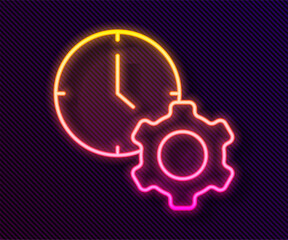 Glowing neon line Time management icon isolated on black background. Clock and gear sign. Productivity symbol. Vector