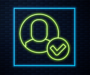 Glowing neon line Worker icon isolated on brick wall background. Business avatar symbol user profile icon. Male user sign. Vector