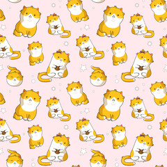 Fototapeta premium Seamless pattern with funny cats and stars. Cute hand drawn kitten.