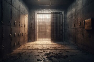 Desolate concrete room with gate. Digital rendering. Generative AI