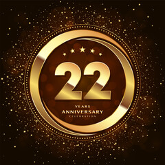 22th anniversary logo with double rings and gold font decorated with glitter and confetti