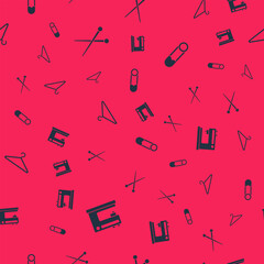 Set Sewing machine, Knitting needles, Hanger wardrobe and Safety pin on seamless pattern. Vector
