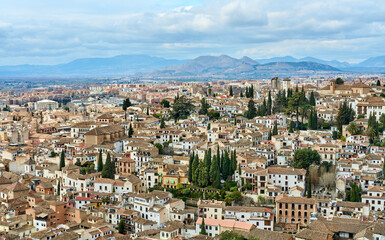 Fototapeta na wymiar aerial view of the Albaicin and Sacromonte down town district of Granada, Andalusia, Spain