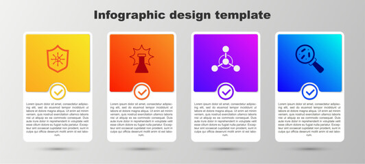 Set Shield protecting from virus, Chemical explosion, Molecule and Microorganisms under magnifier. Business infographic template. Vector