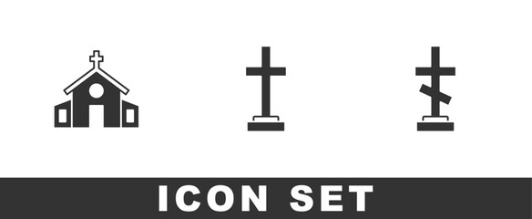 Set Church building, Grave with cross and icon. Vector