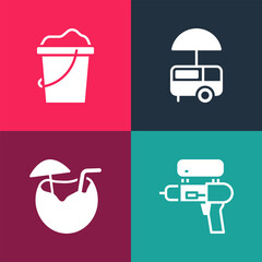 Set pop art Water gun, Coconut cocktail, Fast street food cart and Sand in bucket icon. Vector