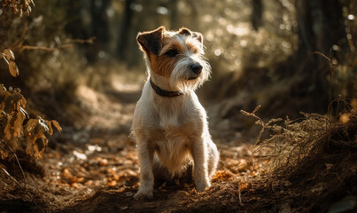 photo of Jack Russell Terrier sitting on a forest path. Generative AI