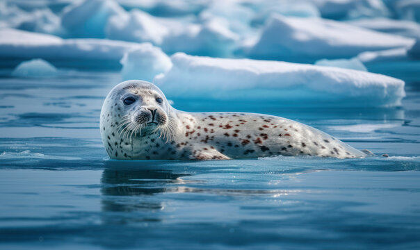 Photo of harp seal, floating gracefully on a vibrant, icy blue Arctic sea, The photo is emphasizing the details and textures of the seal's fur and the water droplets on its whiskers. Generative AI