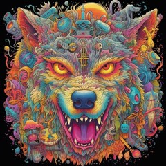 Highly detailed trippy wolf, scary colors, psychedelic. Generative AI