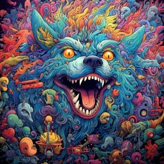 Highly detailed trippy wolf, scary colors, psychedelic. Generative AI
