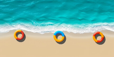 Fototapeta na wymiar Tropical sandy beach and safety rings, inflatables in turquoise blue water. Top View. Ai Generative illustration