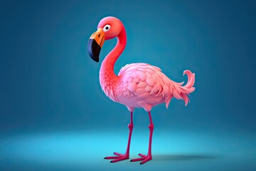 Cute Cartoon Flamingo on a Blue Background (Generative AI)