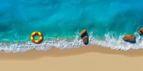 Obraz premium Tropical sandy beach and safety rings, inflatables in turquoise blue water. Top View. Ai Generative illustration