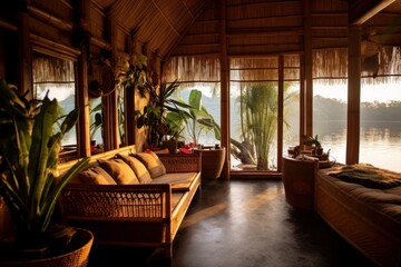Plakat Luxury waterfront bamboo bungalow interior. Generative AI