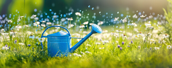 Vibrant blue sprinkler watering can on summer blooming meadow. Flower gardening banner. Generative AI