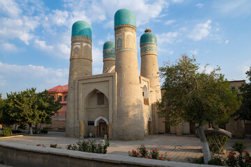 View of the ancient Chor-Minor Madrasah on a sunny September morning. Bukhara, Uzbekistan