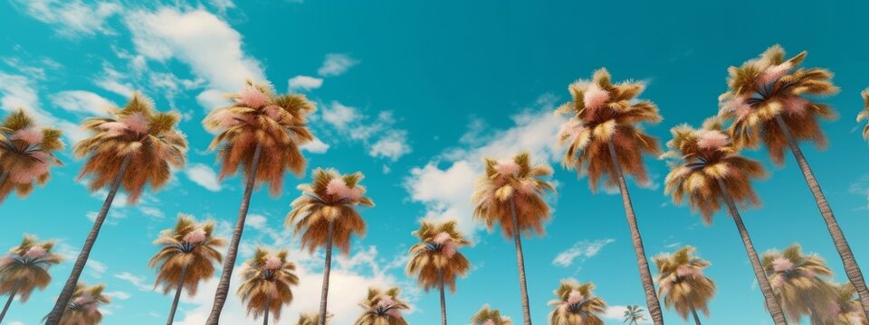 Palm trees against blue sky banner. Generative AI