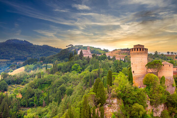 Brisighella, Ravenna, Emilia-Romagna, Italy, Ravenna, Emilia-Romagna, Italy. Beautiful panoramic aerial view of the medieval city and Manfredian fortress with clock tower. Famous symbols