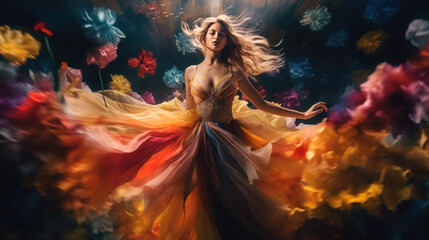 Obraz na płótnie Canvas Woman in an ethereal coloured dress with flowers floating around the image. Generative ai.
